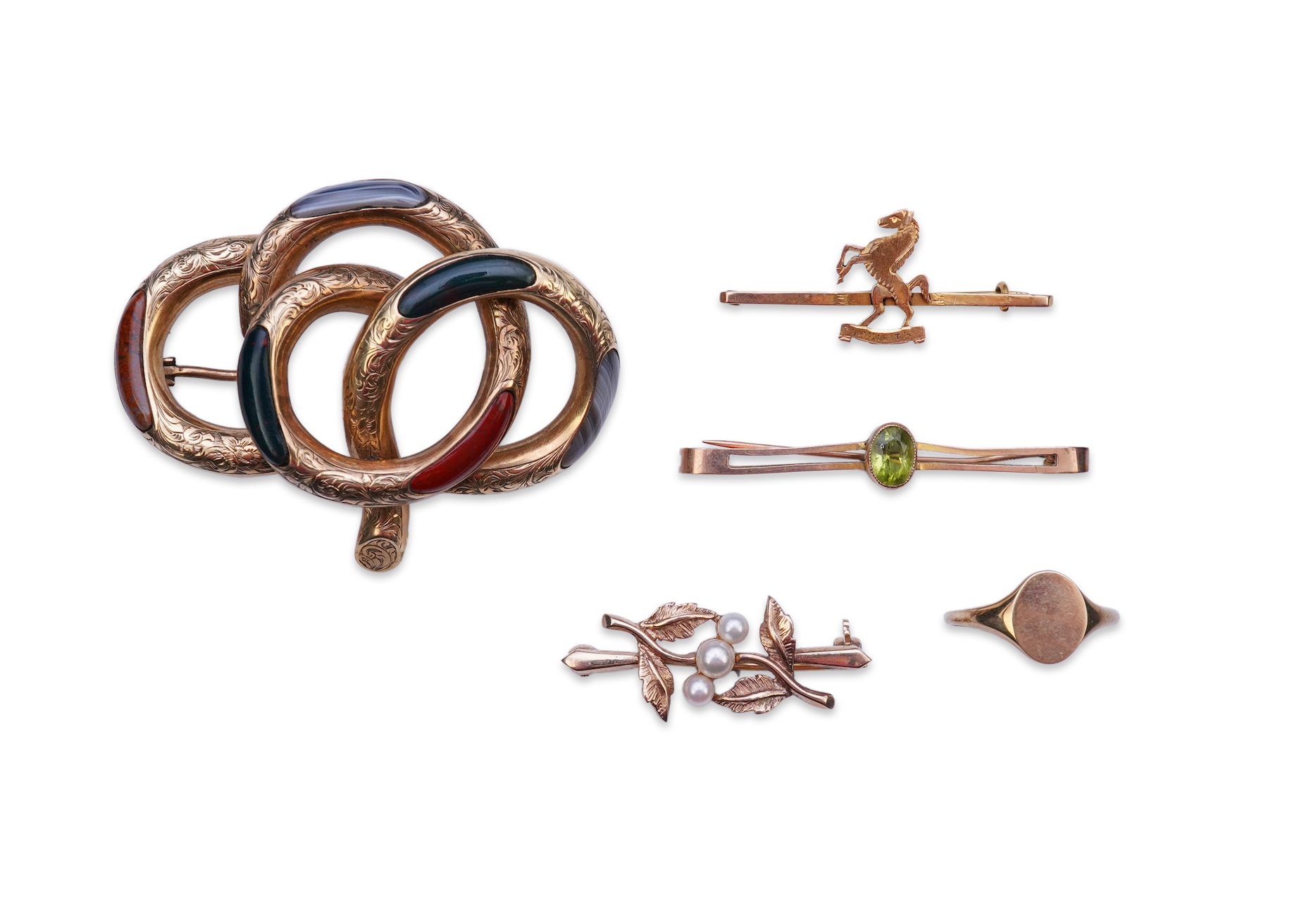 Four brooches and a gold signet ring